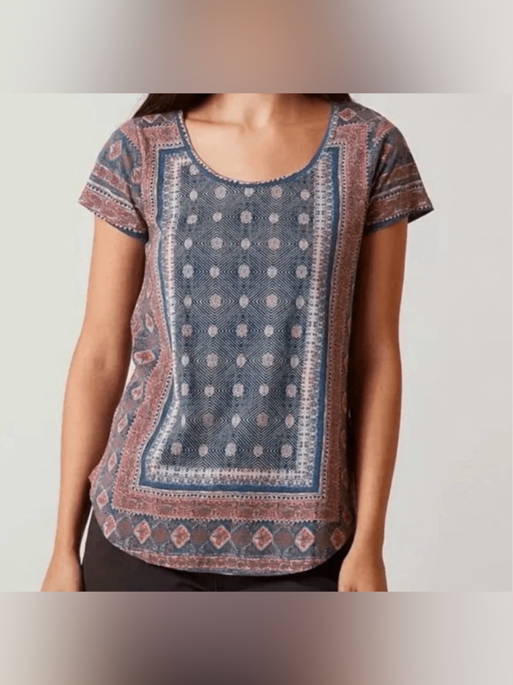 LUCKY BRAND Linen Blend Bohemian Short Sleeve Scoop Neck T-Shirt Large